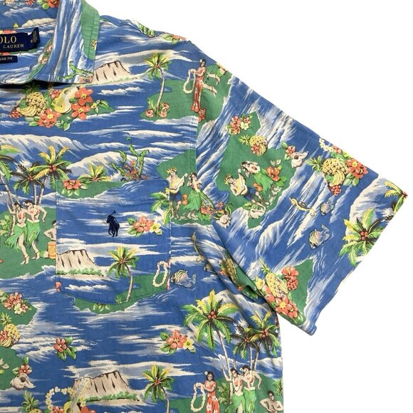 POLO RALPH LAUREN SHIRT HAWAIIAN HULA GIRL ALL OVER PRINT MENS M COTTON POLO - Picture 4 of 9